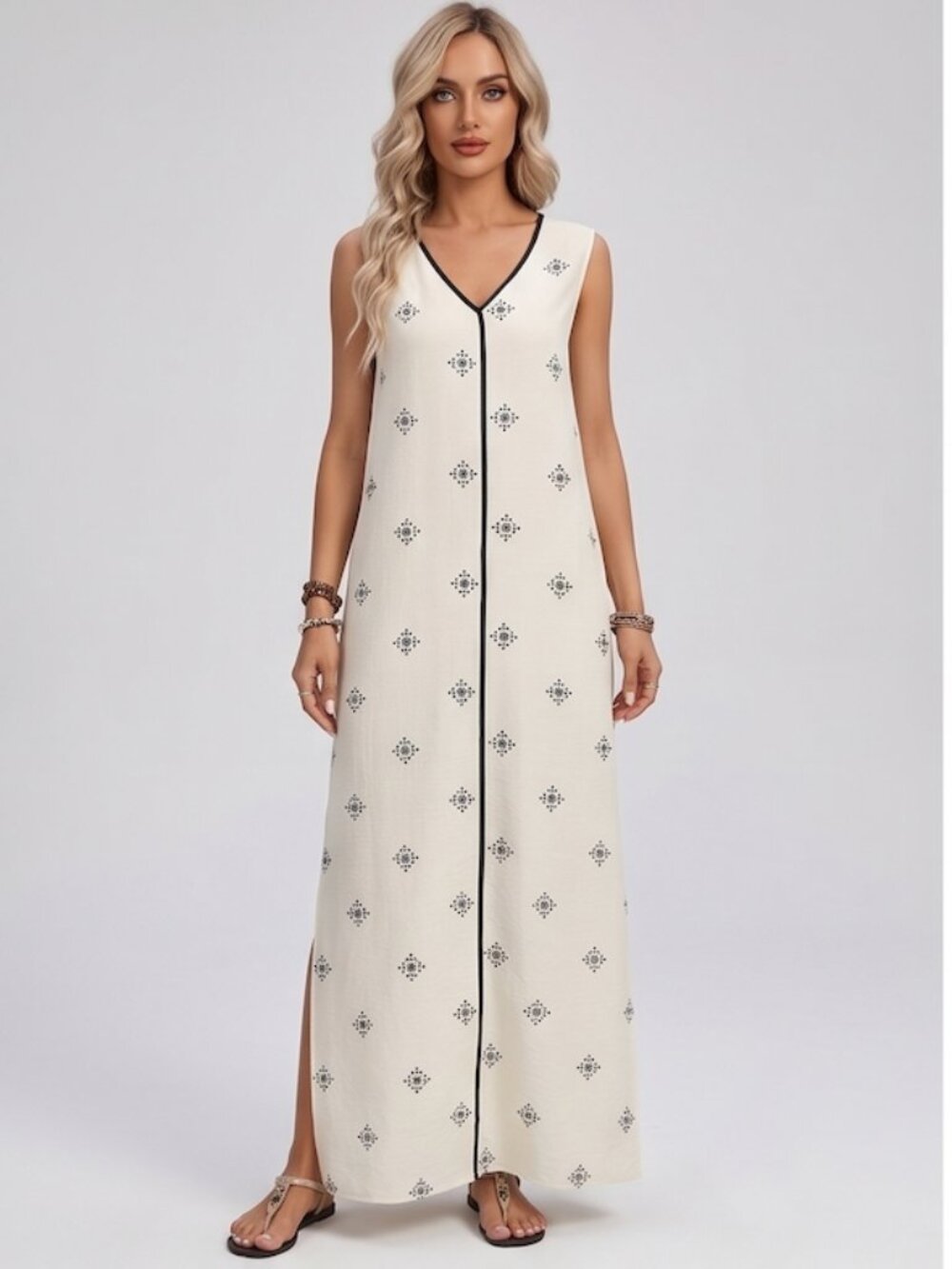Boho Geometric Print V-Neck Sleeveless Maxi Dress
